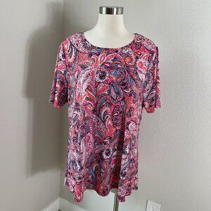 Chicos Womens XL Paisley Print Short Sleeve Tunic Top Stretch Shirt Colorful